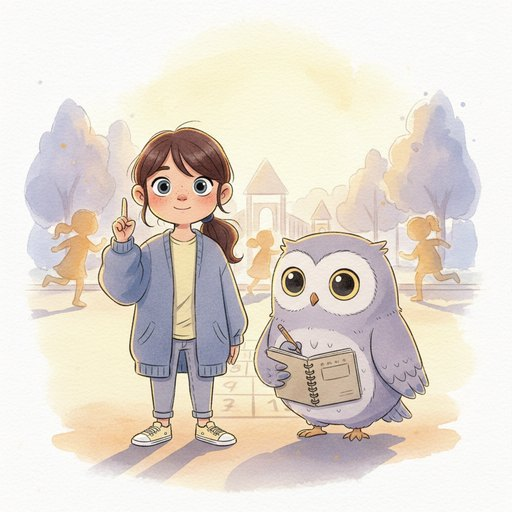 From Nora and the Part That Worries: Nora on the playground lifts one gentle finger while Scout the owl pauses, pencil ready—warm watercolour, hopscotch at their feet.