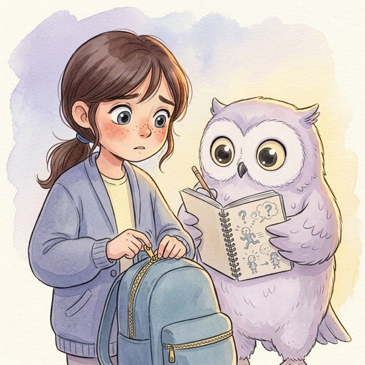 Interior spread from the book: Nora with Scout as Scout fills a notebook with worries.